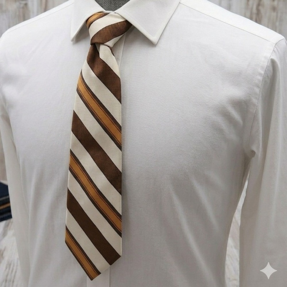 Walker's Vintage Mens Striped Tie Brown Tan Cream Trevira Polyester Ribbed